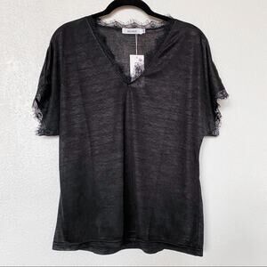 Belinda Semi-Sheer Lace Trim Black Tee Size Medium